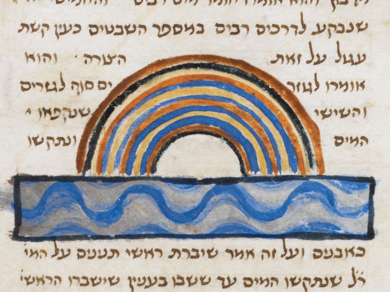 The division of the Red Sea into one color for each Israelite tribe, according to Maimonides' commentary on Avot. British Library Additional 14763, folio 135 (manuscript from Viterbo, Italy, 1273). 